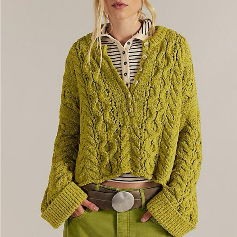 🆕 Free People Chunky Cable Knit Polly Sweater • Green • Sz L